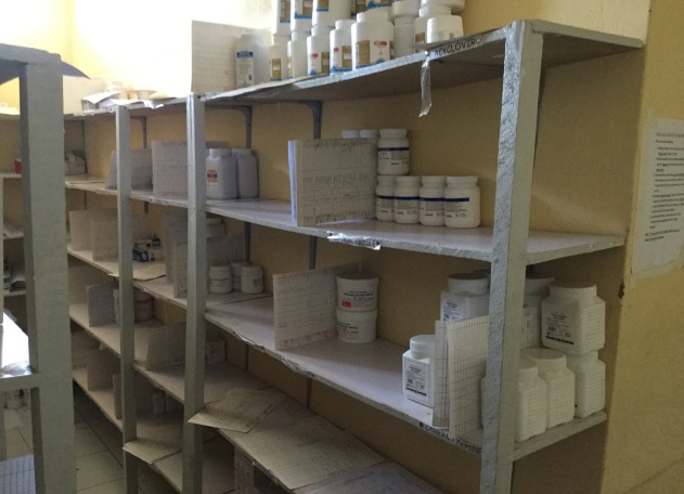 A photograph of nearly empty pharmacy shelves at St Albert's Mission Hospital.